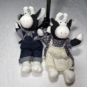 Tender Heart Treasures 1992 Cow Plush Lot Of Two Cows Dress And Bib Overalls